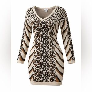 Women’s Leopard Animal Print Knit Sweater Dress V-Neck Long Sleeve Tan Black